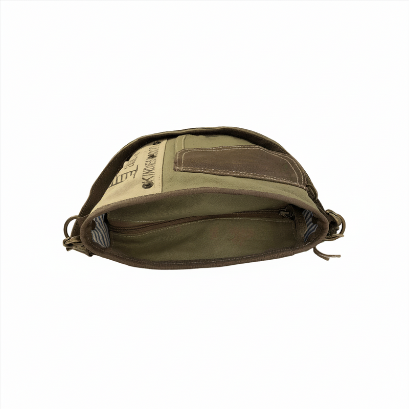 Upcycled Canvas and Leather Crossbody Bag - Peace & Patience showing the interior compartment and details.