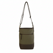 Upcycled Canvas and Leather Crossbody Bag - Peace & Patience with adjustable strap and front pocket.