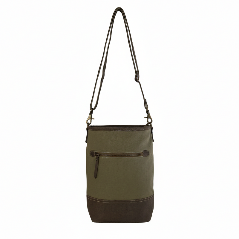 Upcycled Canvas and Leather Crossbody Bag - Peace & Patience with adjustable strap and front pocket.