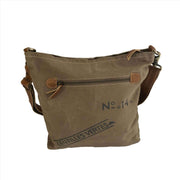 Upcycled canvas shoulder bag featuring sturdy design, adjustable leather straps, and functional pockets.