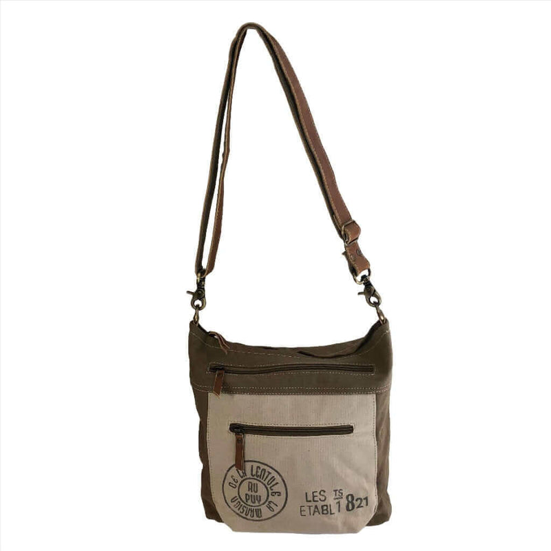 Upcycled canvas shoulder bag - Au Puy Shoulder Bag made from military tents with adjustable straps and multiple pockets.