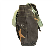 Upcycled canvas shoulder bag grey with aqua featuring a leather star and zippered closure, perfect for eco-friendly enthusiasts.