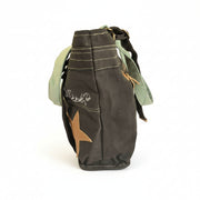 Upcycled Canvas Shoulder Bag Grey with Aqua side view showcasing unique design and sustainable materials