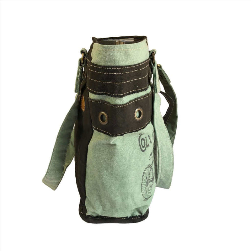 Upcycled canvas shoulder bag in grey and aqua with leather accents and adjustable strap