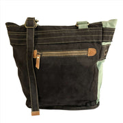 Upcycled canvas shoulder bag grey with aqua featuring a zippered pocket, leather details, and durable shoulder strap.
