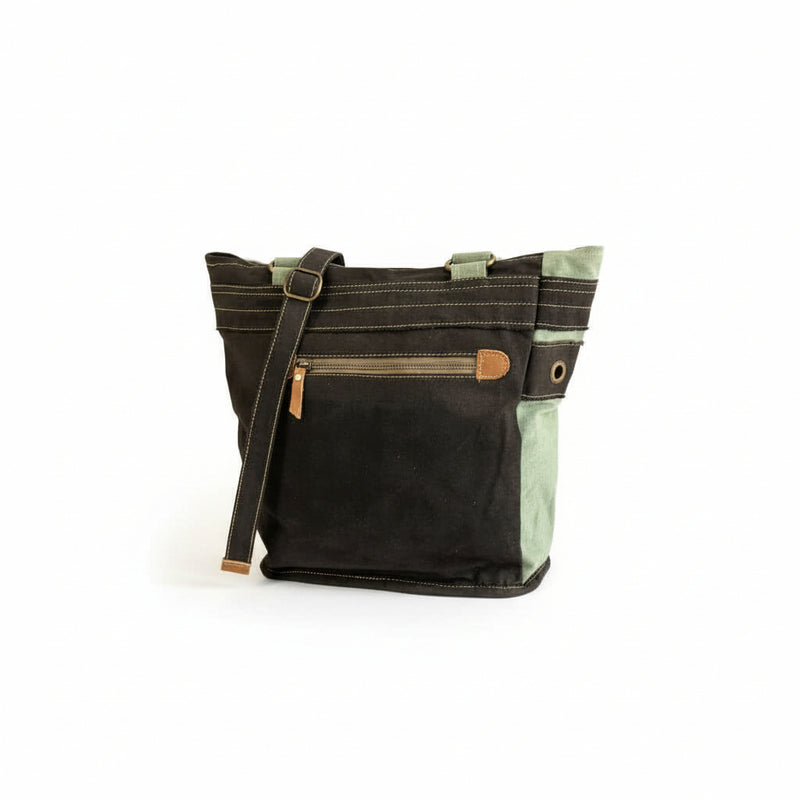 Upcycled Canvas Shoulder Bag Grey with Aqua, unique design, handcrafted from upcycled materials, sustainable fashion.