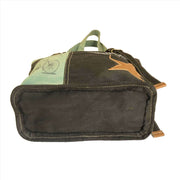Upcycled canvas shoulder bag grey with aqua showing rustic design and sturdy base, perfect for eco-friendly travelers.