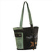 Upcycled canvas shoulder bag grey with aqua featuring a rustic design and leather star accents.