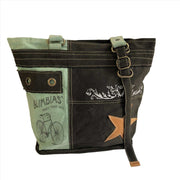 Upcycled canvas shoulder bag grey with aqua featuring leather accents and a star design.