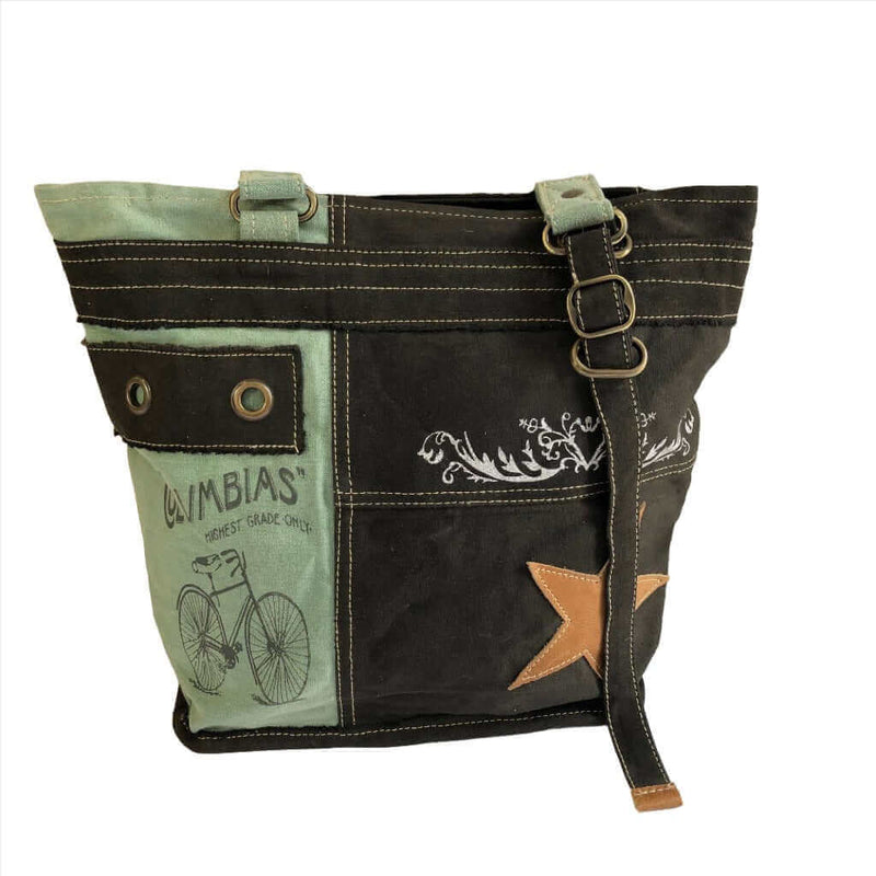 Upcycled canvas shoulder bag grey with aqua featuring leather accents and a star design.