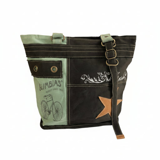 Upcycled Canvas Shoulder Bag Grey with Aqua featuring unique color-block design and genuine leather accents.