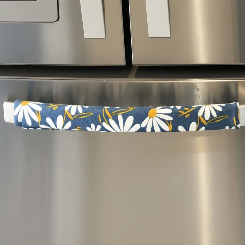 White and Yellow Daisies on Blue Appliance Handle Covers on refrigerator handle