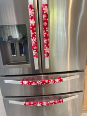 Winter Snowflakes Appliance Handle Covers on refrigerator doors for a festive kitchen look. 3P