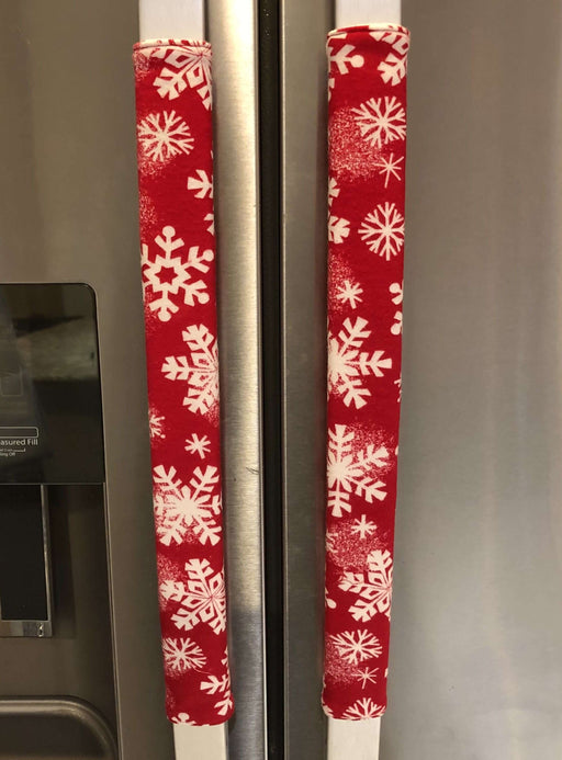 Winter Snowflakes Appliance Handle Covers on refrigerator doors for a festive kitchen look.