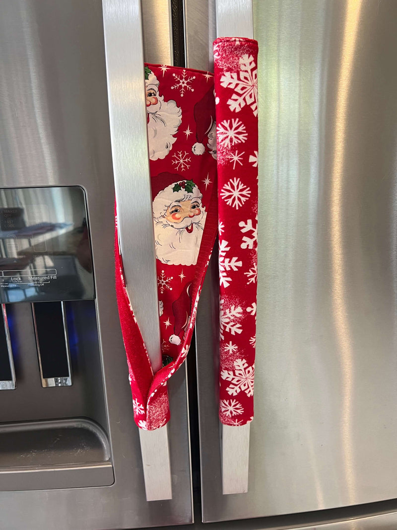 Winter Snowflakes Appliance Handle Covers on refrigerator doors for a festive kitchen look. Reversible