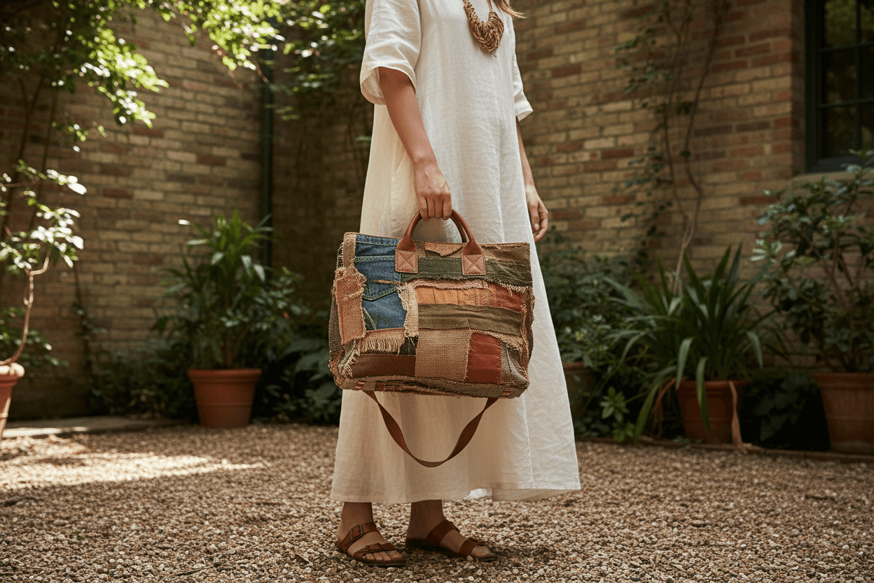 Young lady holding recycled handbag
