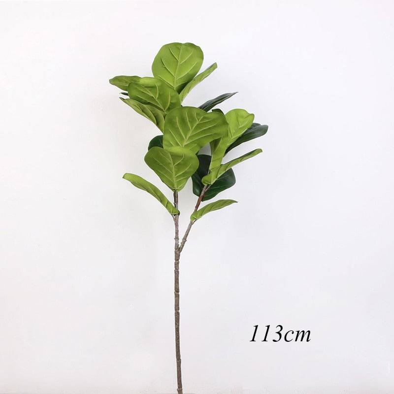 Large realistic artificial ficus tree with green leaves and textured stem, 113cm tall.