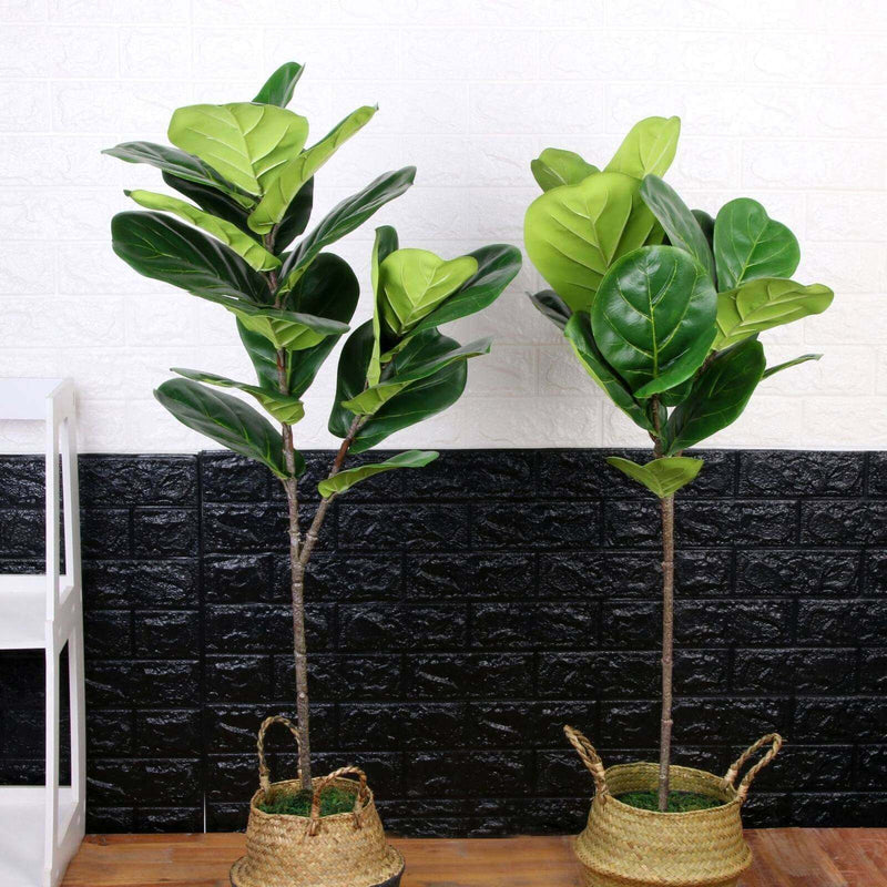 Large realistic artificial ficus tree in woven baskets, showcasing lifelike leaves and textured stems for home decoration.