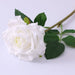Realistic Artificial Rose Stem with white petals and green leaves, perfect for home decor and floral arrangements.
